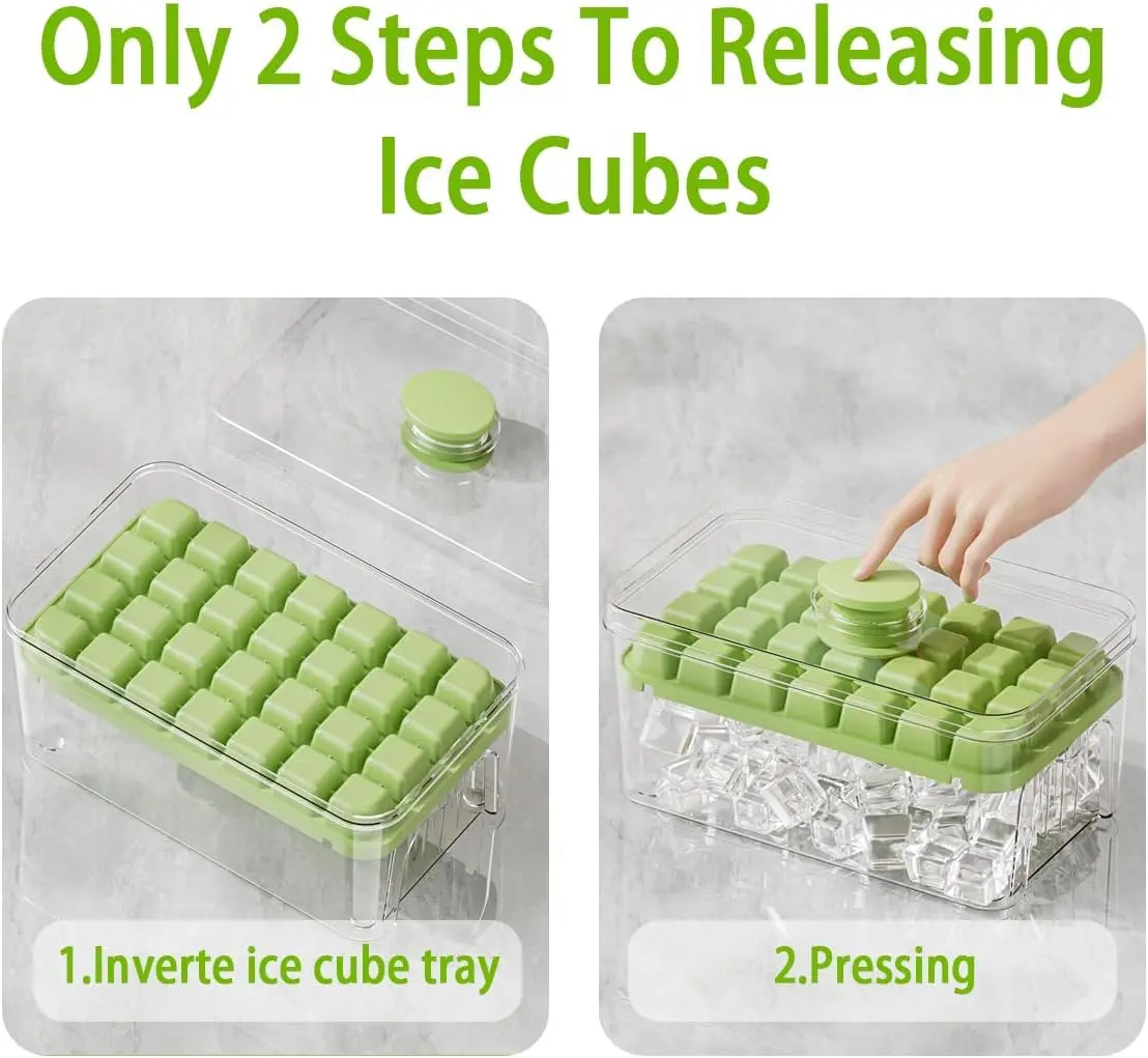 Easy Release Ice Cube Tray with Lid Bin and Ice Scoop Ice Cube Tray for freezer with Container Chilling Drinks Whiskey Cocktails