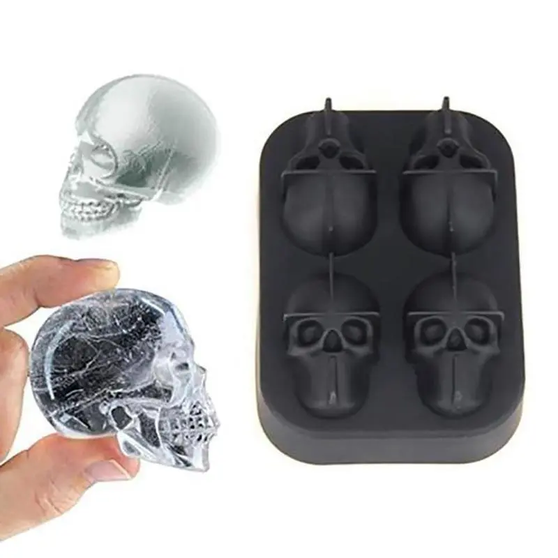 3D Stereo Silicone Ice Tray 4 Grid Head Silicone Ices Cube Mold Popsicle Sticks Iceing Cream Candy Stick Personality Skull Mould