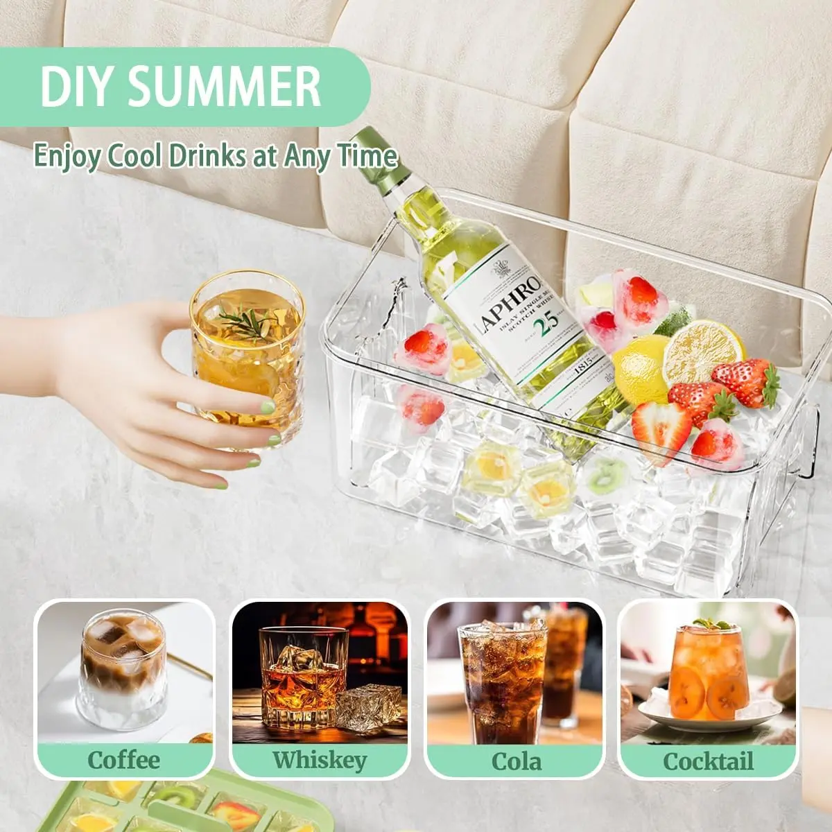 Easy Release Ice Cube Tray with Lid Bin and Ice Scoop Ice Cube Tray for freezer with Container Chilling Drinks Whiskey Cocktails