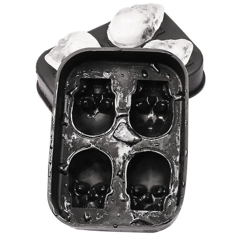 3D Stereo Silicone Ice Tray 4 Grid Head Silicone Ices Cube Mold Popsicle Sticks Iceing Cream Candy Stick Personality Skull Mould