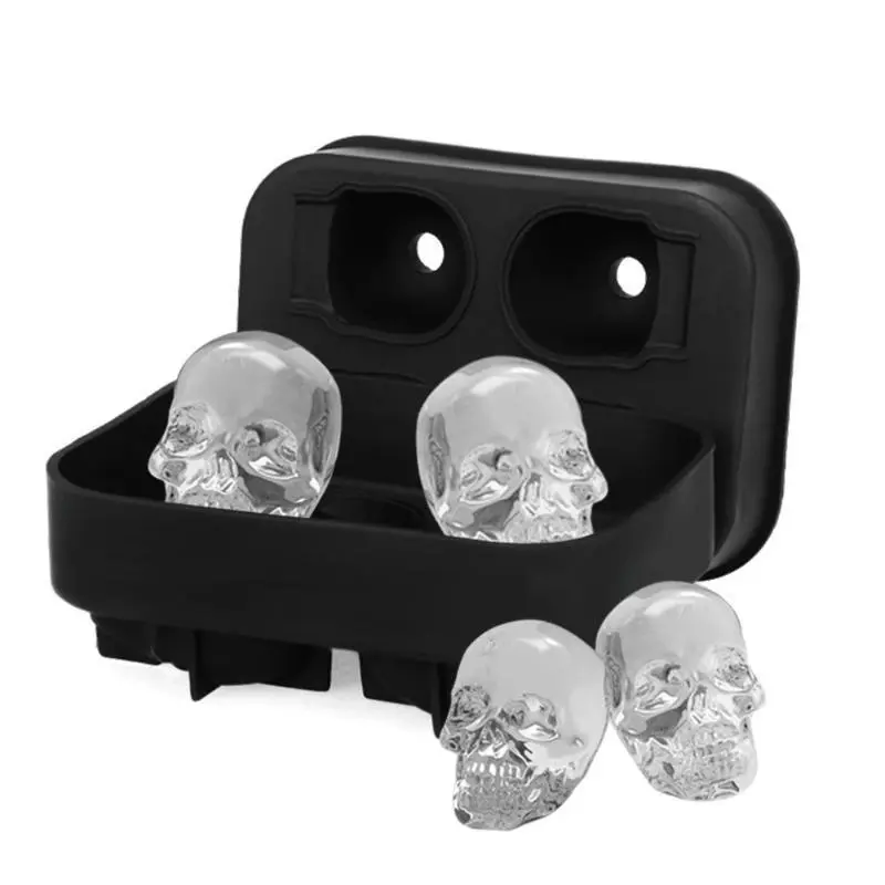 3D Stereo Silicone Ice Tray 4 Grid Head Silicone Ices Cube Mold Popsicle Sticks Iceing Cream Candy Stick Personality Skull Mould