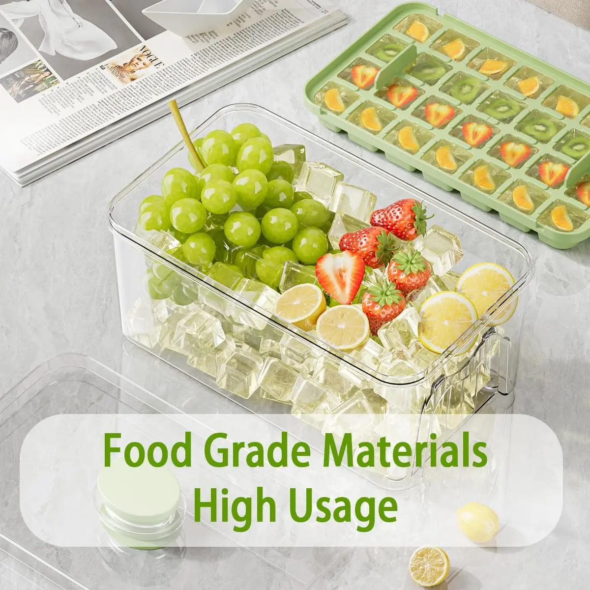 Easy Release Ice Cube Tray with Lid Bin and Ice Scoop Ice Cube Tray for freezer with Container Chilling Drinks Whiskey Cocktails