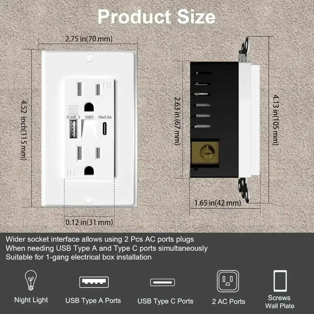Shawader Night Lights Dual US Wall Outlet USB Type-C Fast Charge LED Guide 15A Electrical Socket Home Kitchen Bedroom Appliance