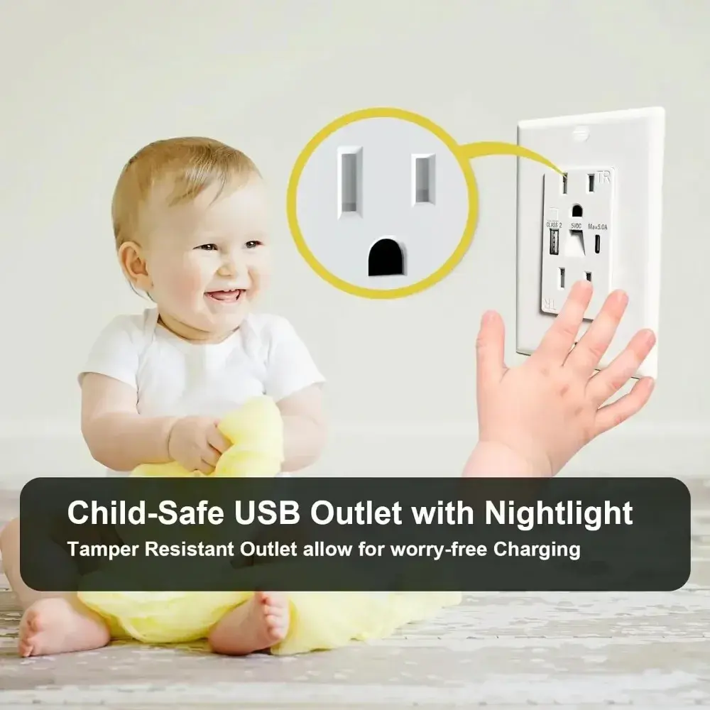 Shawader Night Lights Dual US Wall Outlet USB Type-C Fast Charge LED Guide 15A Electrical Socket Home Kitchen Bedroom Appliance