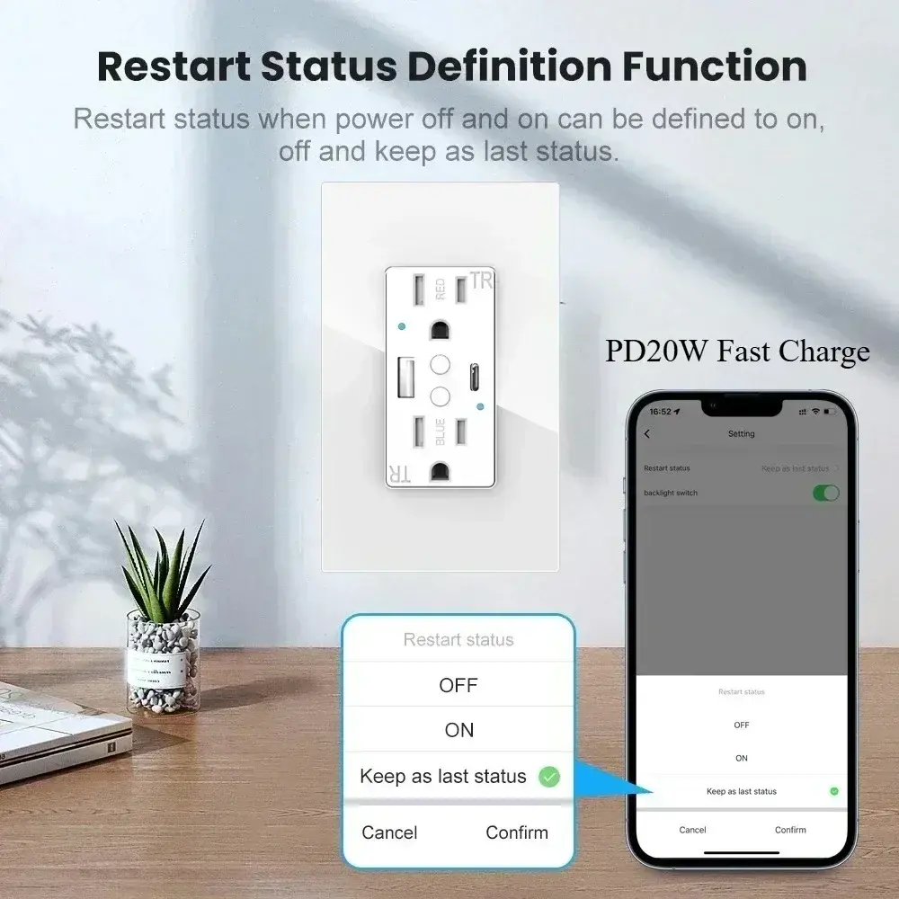 Melery Dual US Wall Sockets WIFI Smart Power Plug Outlets USB Type-C PD 20W Glass Fast Charge Remote by Tuya Alexa Google Home
