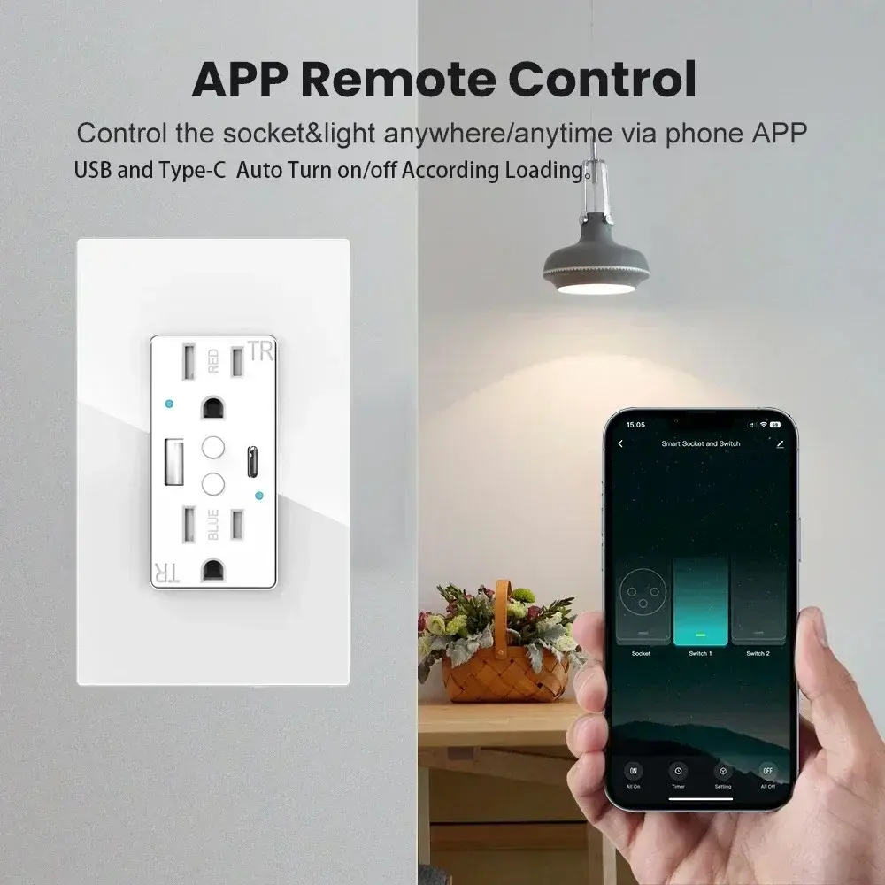 Melery Dual US Wall Sockets WIFI Smart Power Plug Outlets USB Type-C PD 20W Glass Fast Charge Remote by Tuya Alexa Google Home