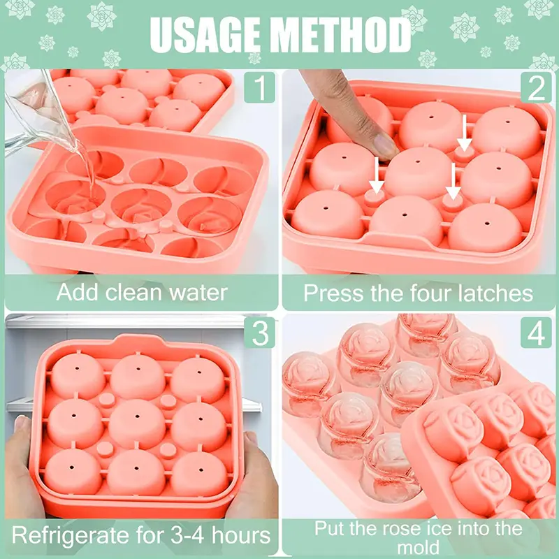 3D Rose Ice Molds 9Hole Rose Flower Silicone Mould Ice Cube Tray w/h Lid Silicone Ice Maker for Cooling Whiskey Cocktail Juice