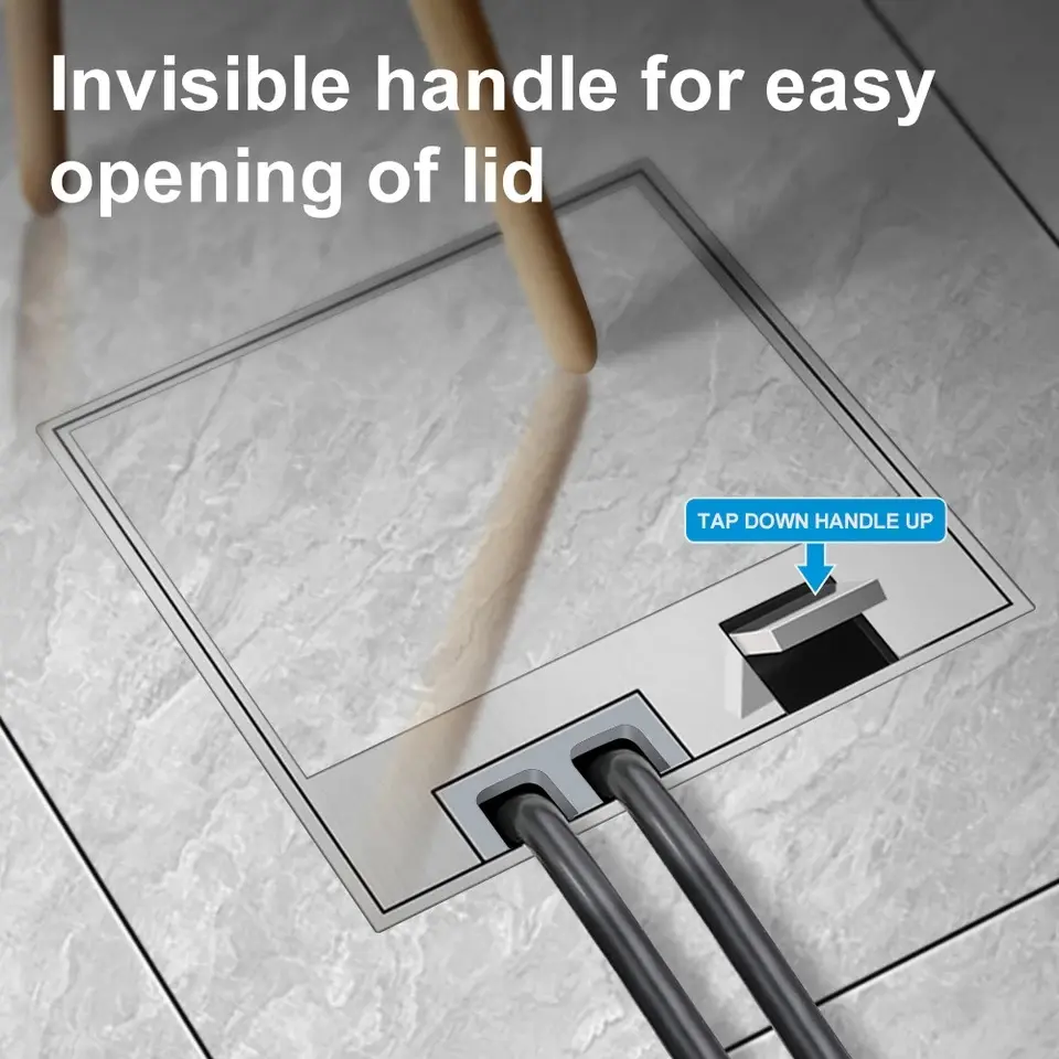 Embedded Hidden Wall Socket EU BR Standard 10A/20A 130*130mm Stainless Steel Floor Box, 20W usb C Marble Hardwood Carpet Socket
