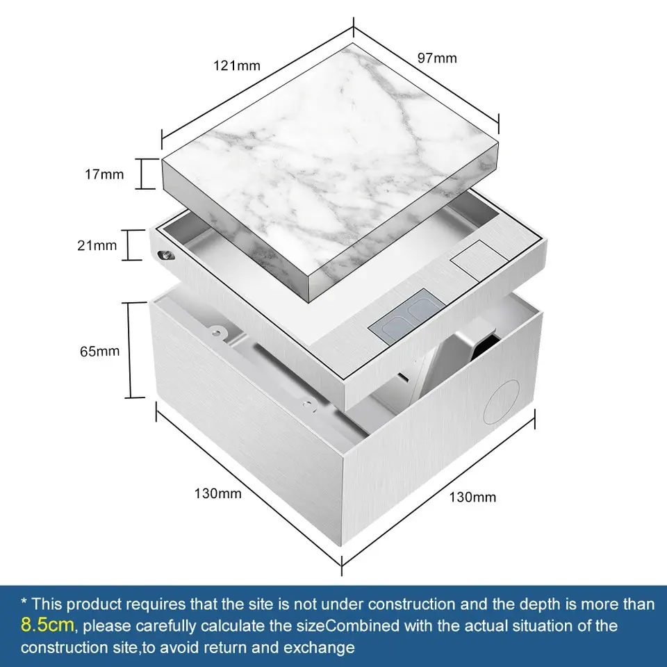 Embedded Hidden Wall Socket EU BR Standard 10A/20A 130*130mm Stainless Steel Floor Box, 20W usb C Marble Hardwood Carpet Socket