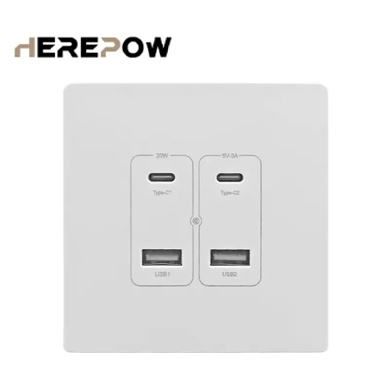 Herepow Wall Power Socket With Dual USB Typec Four Port Fast Charging Interface 20W 3A 220V Smart Home Appliance Plug Adapter