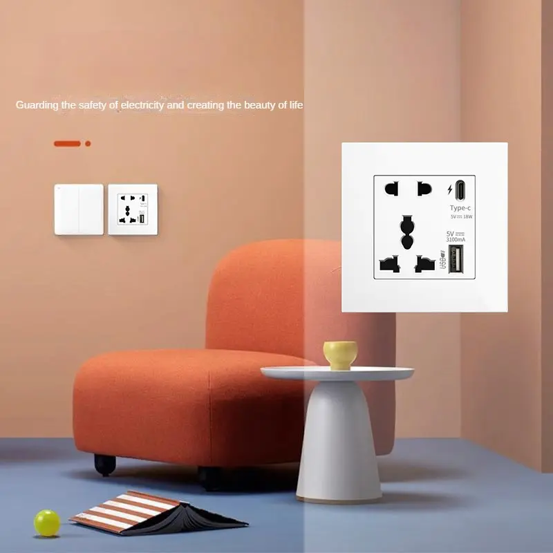 Universal  Wall Power Socket 220V Type C with USB, 10-pin Quick Charge 18W USB Wall Dual Outlet, Smart Charging Socket