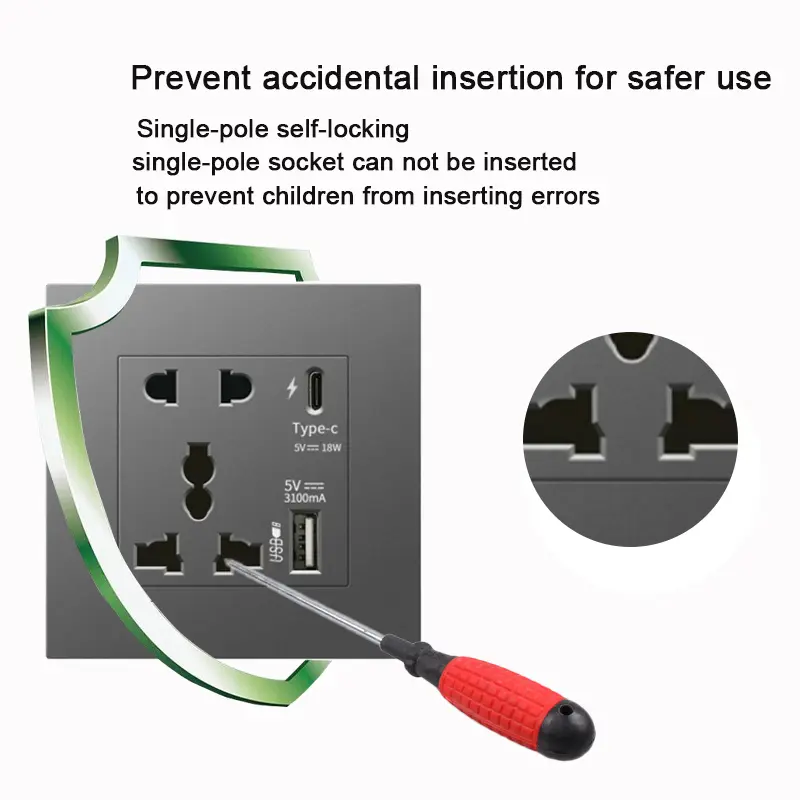 Universal  Wall Power Socket 220V Type C with USB, 10-pin Quick Charge 18W USB Wall Dual Outlet, Smart Charging Socket