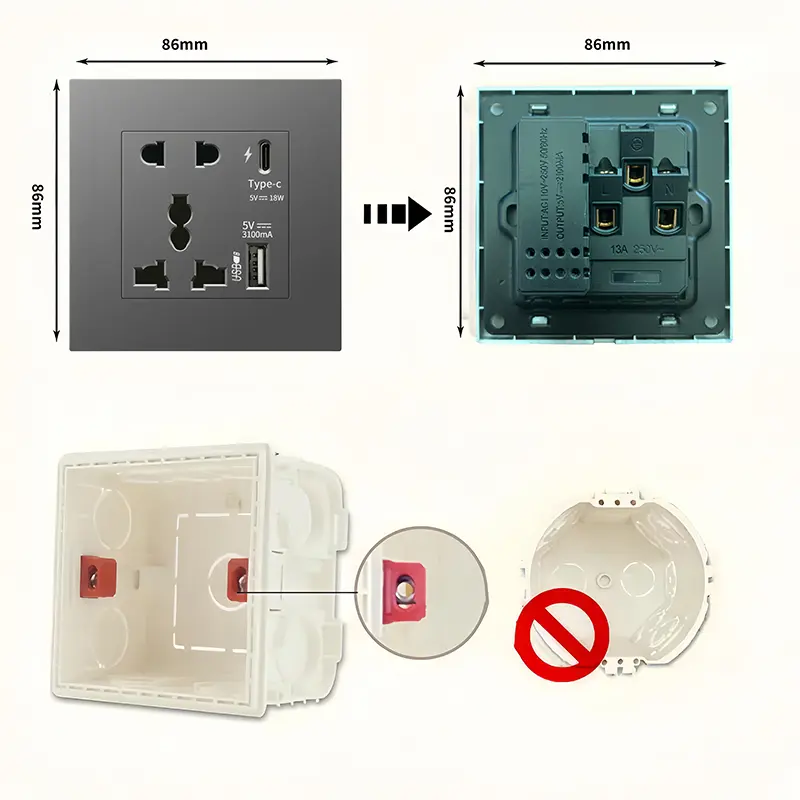 Universal  Wall Power Socket 220V Type C with USB, 10-pin Quick Charge 18W USB Wall Dual Outlet, Smart Charging Socket
