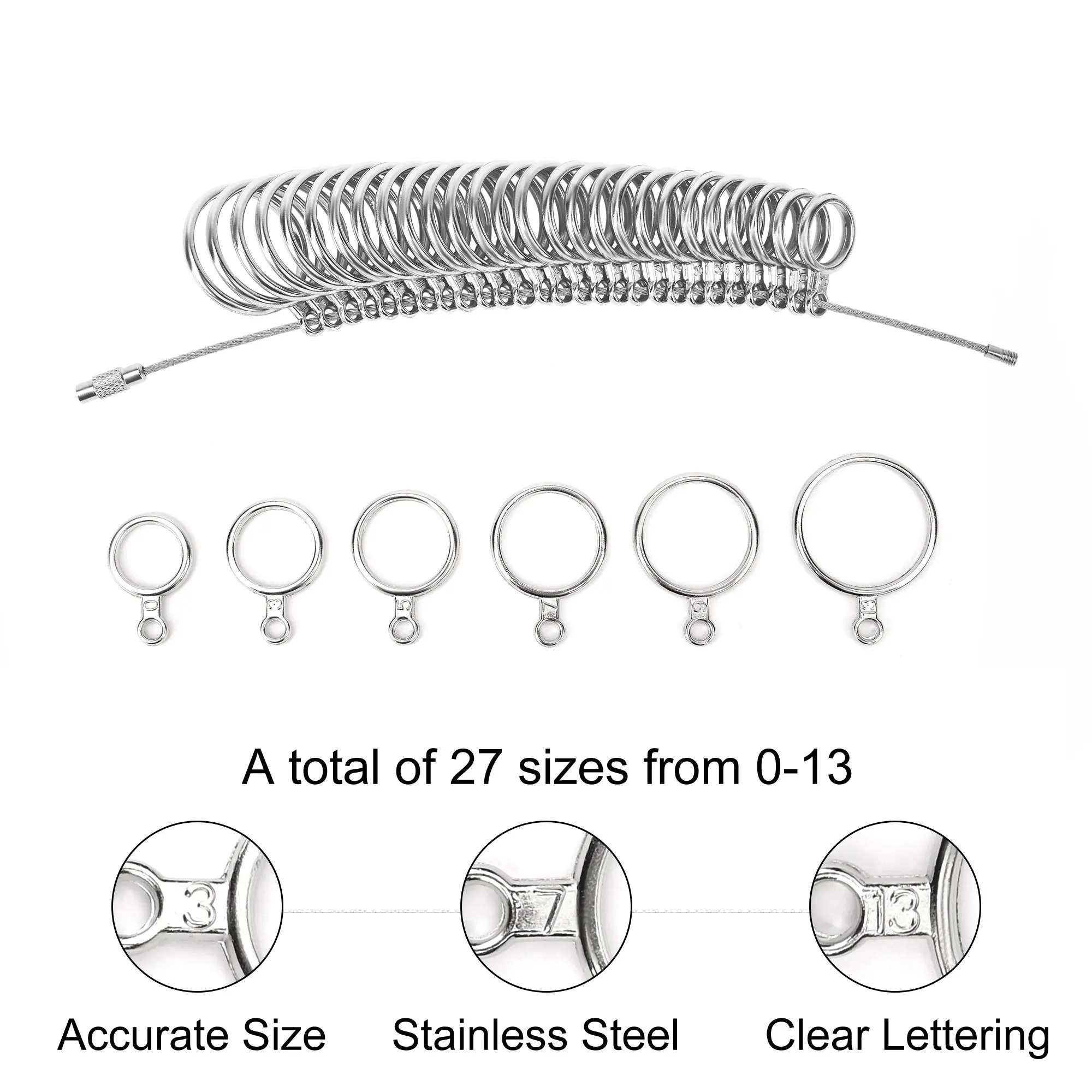 Ring Sizer Measuring Tool Kit, Ring Mandrel Measurer, 27 PCS Premium Steel Measuring Ring Tool, US Ring Size 0-13, 2 PCS Reusabl