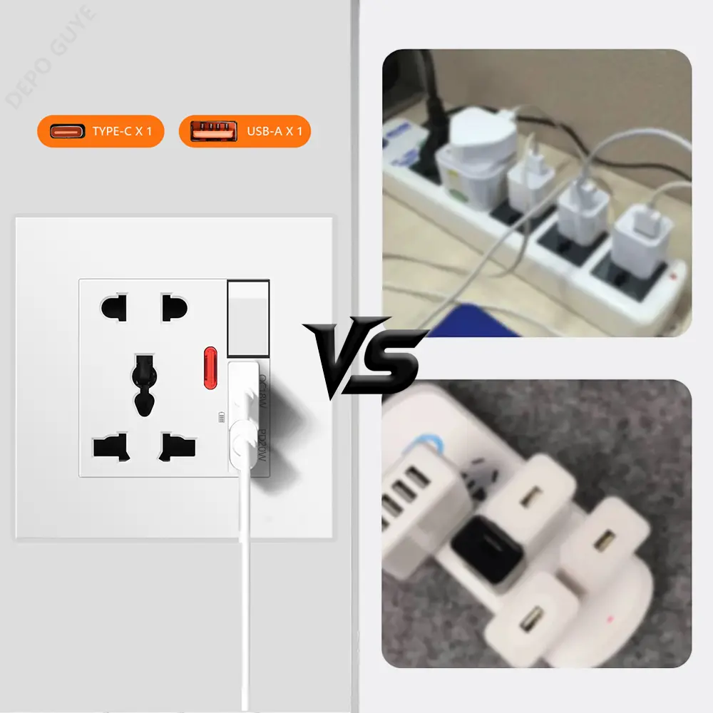 Universal 20W Type-C Plug Quick Charging 5-pin Wall Socket 220V,Plastic Electrical Wall Power Outlet With DC 5V 3A USB C Charger