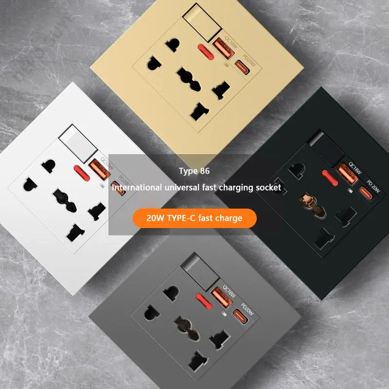 Universal 20W Type-C Plug Quick Charging 5-pin Wall Socket 220V,Plastic Electrical Wall Power Outlet With DC 5V 3A USB C Charger