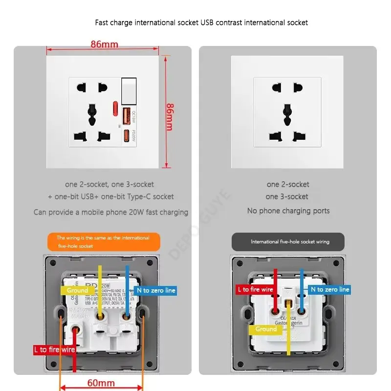 Universal 20W Type-C Plug Quick Charging 5-pin Wall Socket 220V,Plastic Electrical Wall Power Outlet With DC 5V 3A USB C Charger