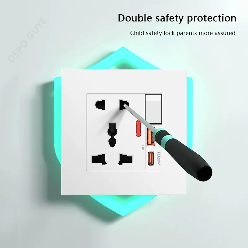 Universal 20W Type-C Plug Quick Charging 5-pin Wall Socket 220V,Plastic Electrical Wall Power Outlet With DC 5V 3A USB C Charger