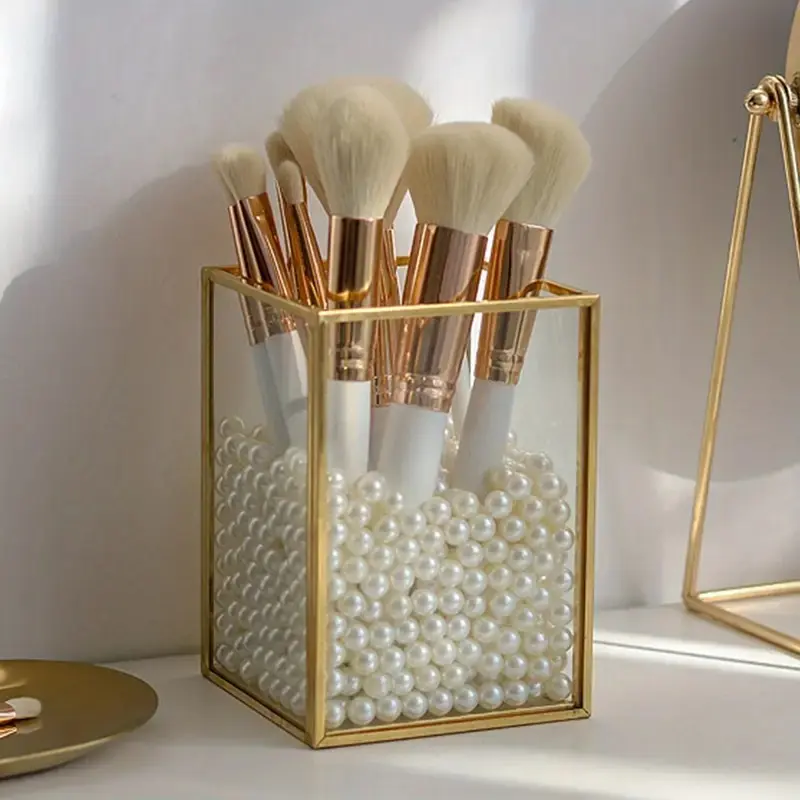 Golden Metal Makeup Brush Organizer, 1-Slot Cosmetic Holder for Vanity, Desk, Bathroom, Pen & Pencil Storage Bin