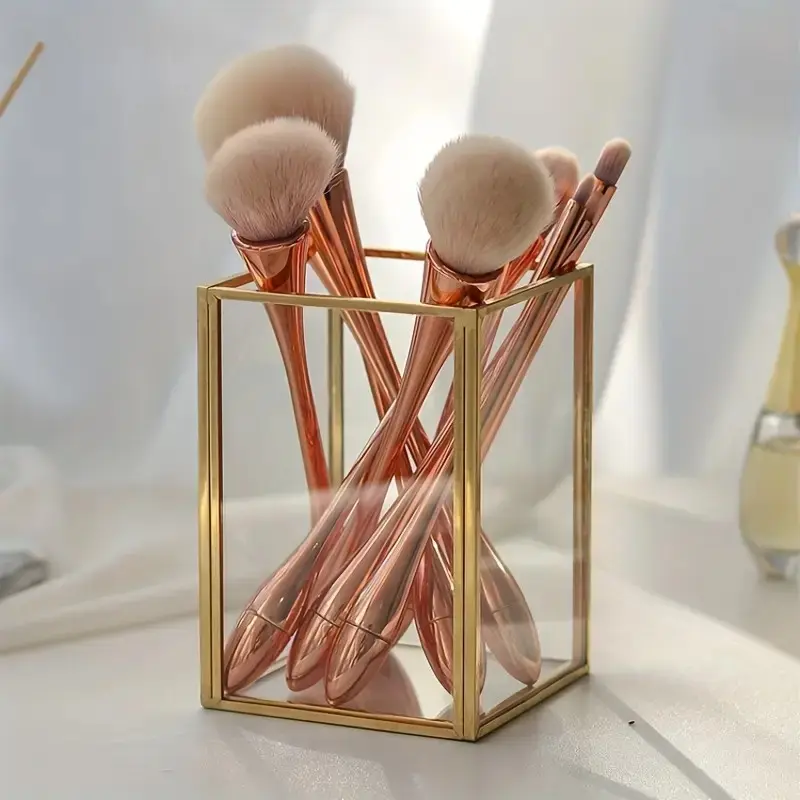 Golden Metal Makeup Brush Organizer, 1-Slot Cosmetic Holder for Vanity, Desk, Bathroom, Pen & Pencil Storage Bin