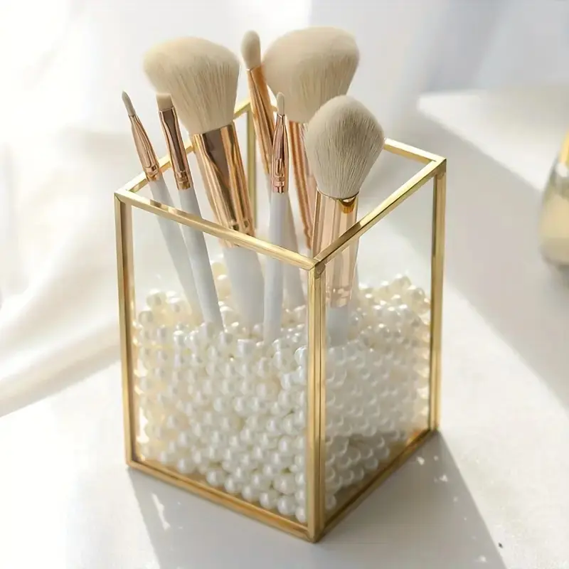 Golden Metal Makeup Brush Organizer, 1-Slot Cosmetic Holder for Vanity, Desk, Bathroom, Pen & Pencil Storage Bin