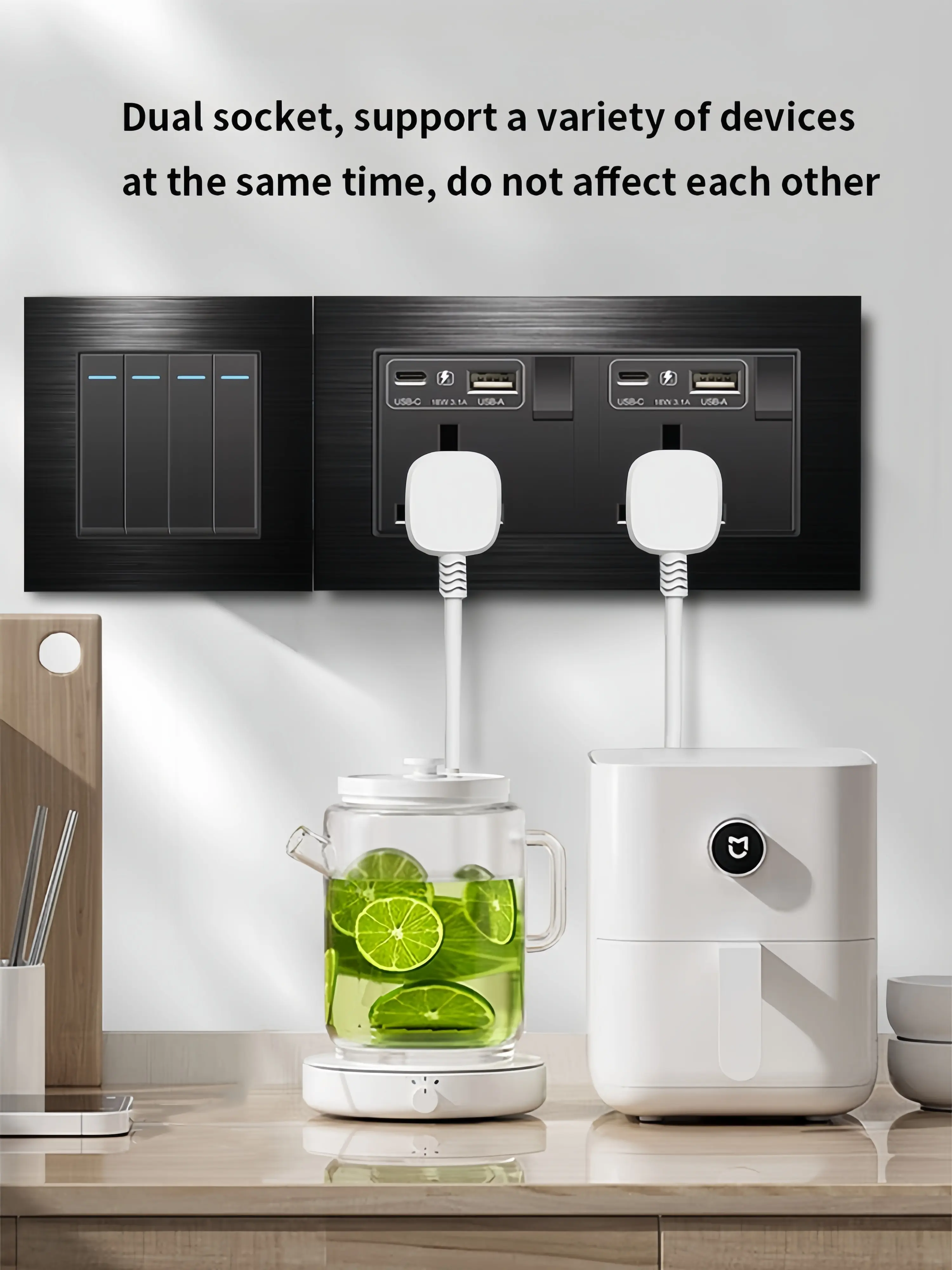 Stainless steel black universal 18W c type fast charge dual power socket, 220V wall lamp 2-way switch, UK 13A wall lamp dual USB