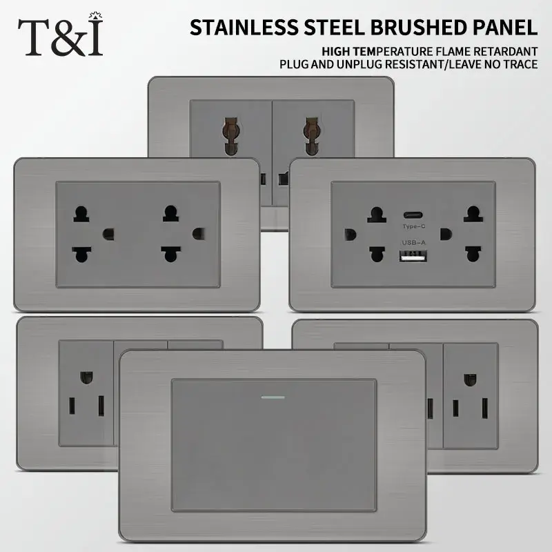 T&IPremium Stainless Steel Brushed Wall Socket Panel with USB Type - C, US Switch, Thai Plug for Home & Office Use Grey