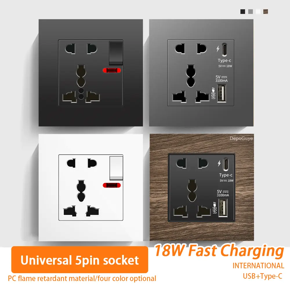 Universal 18W Type-C Quick charge 5-pin socket,Uk Wall Electrical Outlet with USB charger,White smart Double Power socket plug