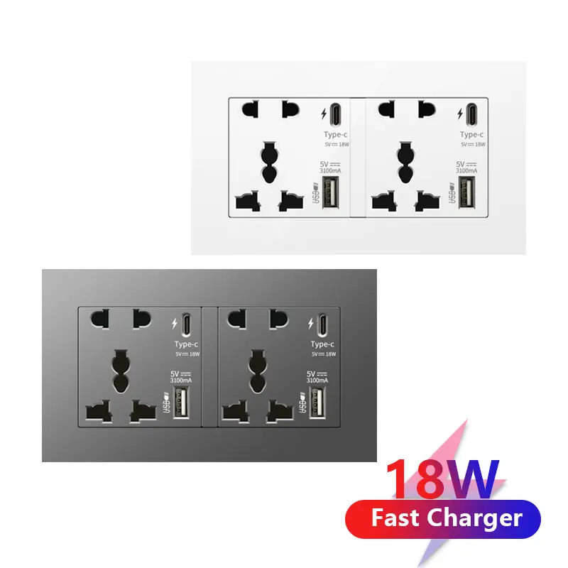 Universal 18W Type-C Quick charge 5-pin socket,Uk Wall Electrical Outlet with USB charger,White smart Double Power socket plug