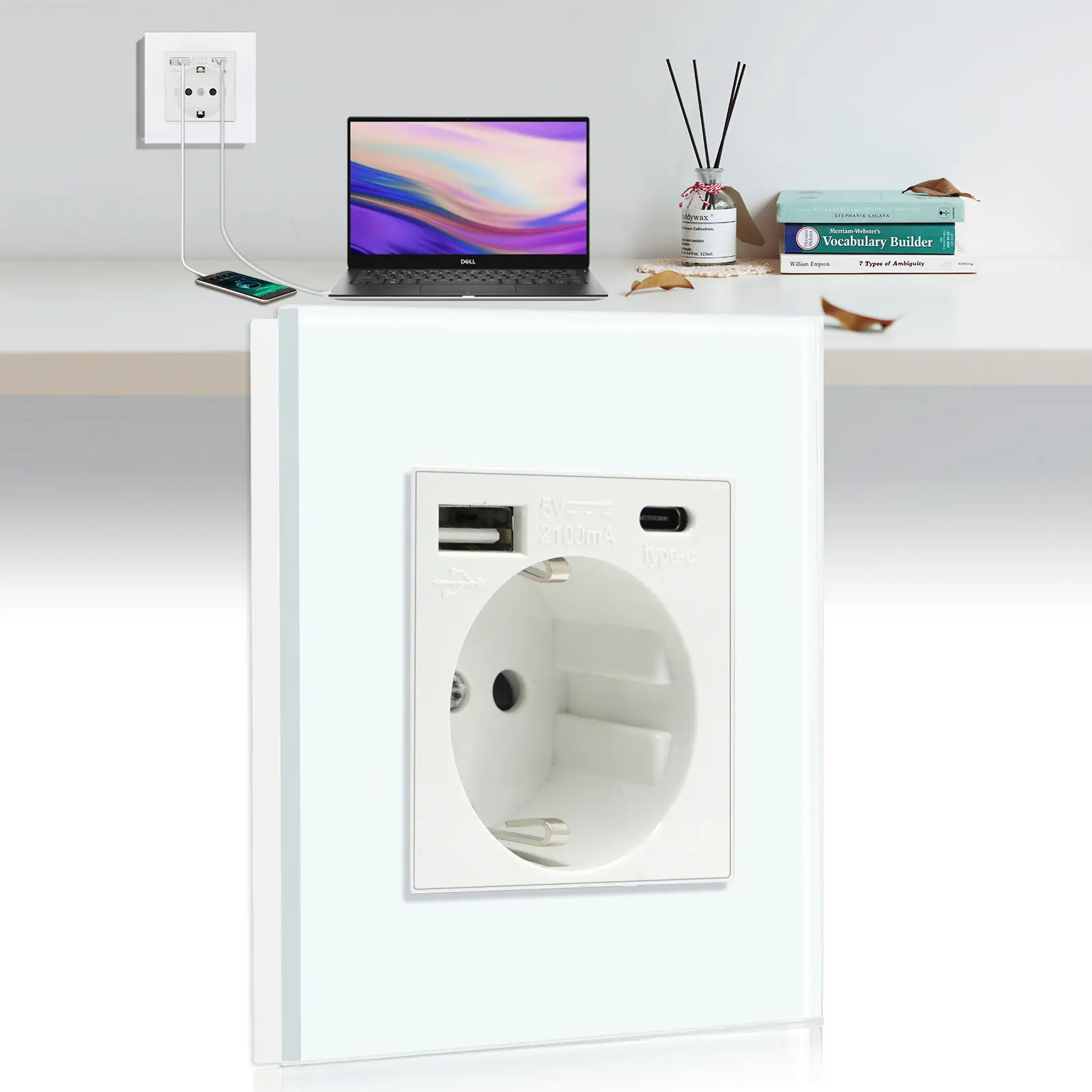 BSEED Type-C Interface Outlet Wall EU Standard Sockets With USB Charge Port Wall Power Socket With USB For Home Glass Panel 2.1A