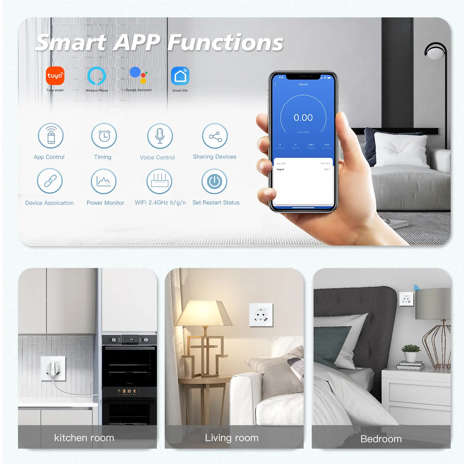BSEED WIFI Wall Sockets EU Standard USB Outlet Type-c 20W Fast Charging Samrt Sockets Works Alexa Google Home Tuya App Glass