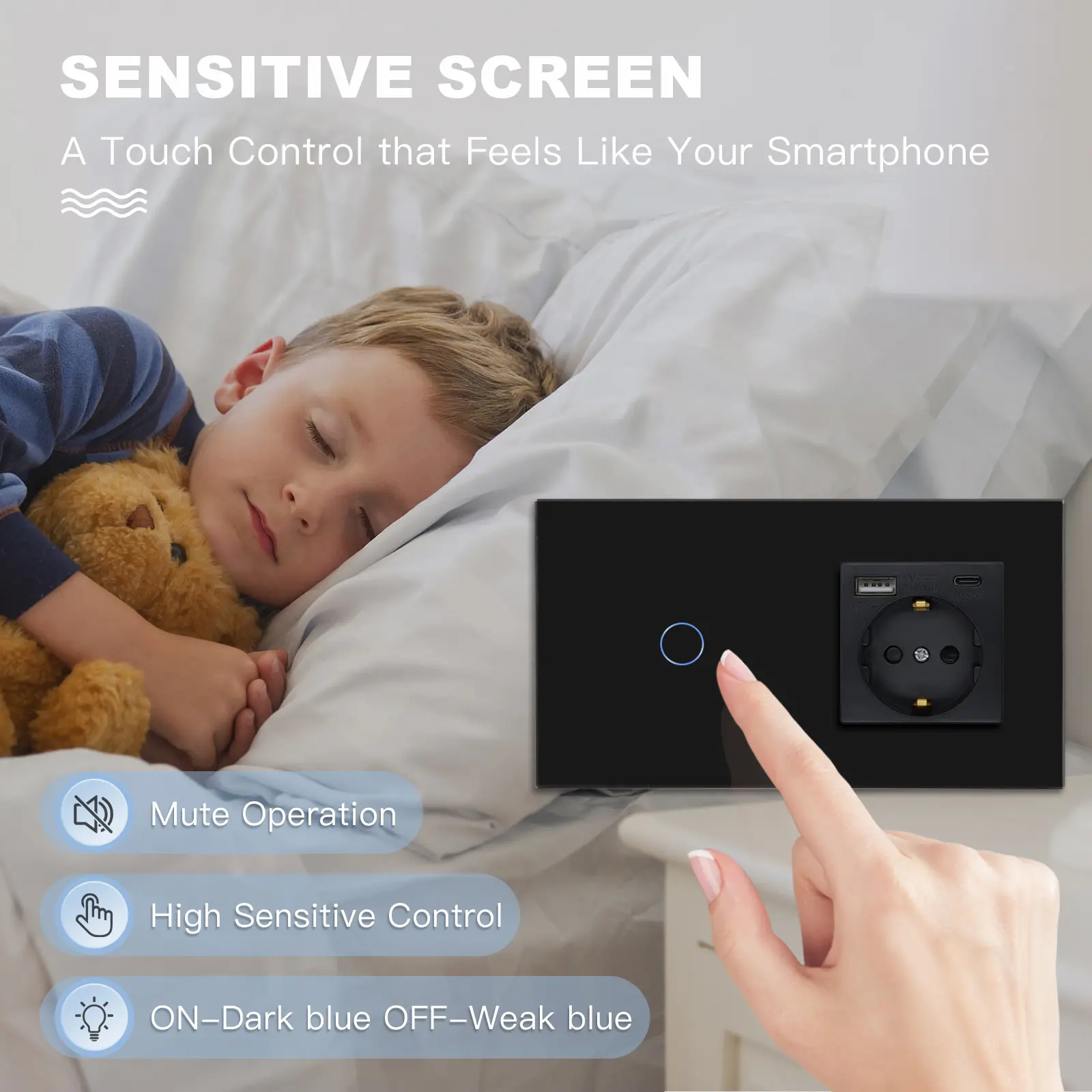 BSEED Touch Switch 1/2/3 Gang 1 Way EU Standard Wall Socket With USB Type-C Electric Plug Crystal Glass Panel 157mm 228mm
