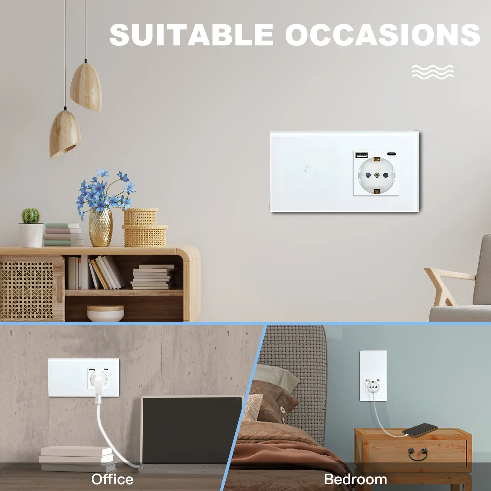 BSEED Touch Switch 1/2/3 Gang 1 Way EU Standard Wall Socket With USB Type-C Electric Plug Crystal Glass Panel 157mm 228mm