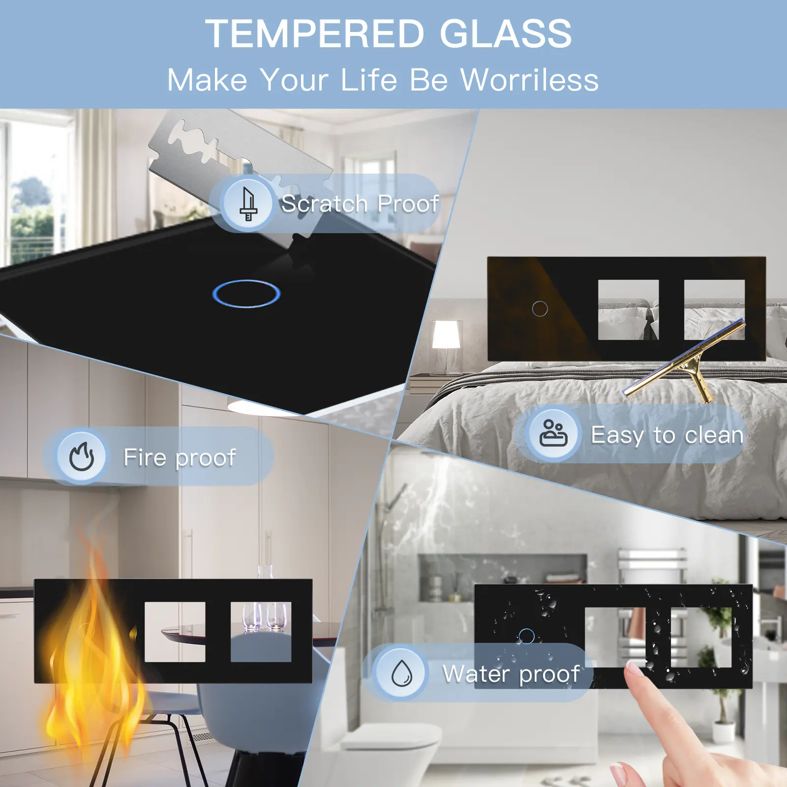 BSEED Touch Switch 1/2/3 Gang 1 Way EU Standard Wall Socket With USB Type-C Electric Plug Crystal Glass Panel 157mm 228mm