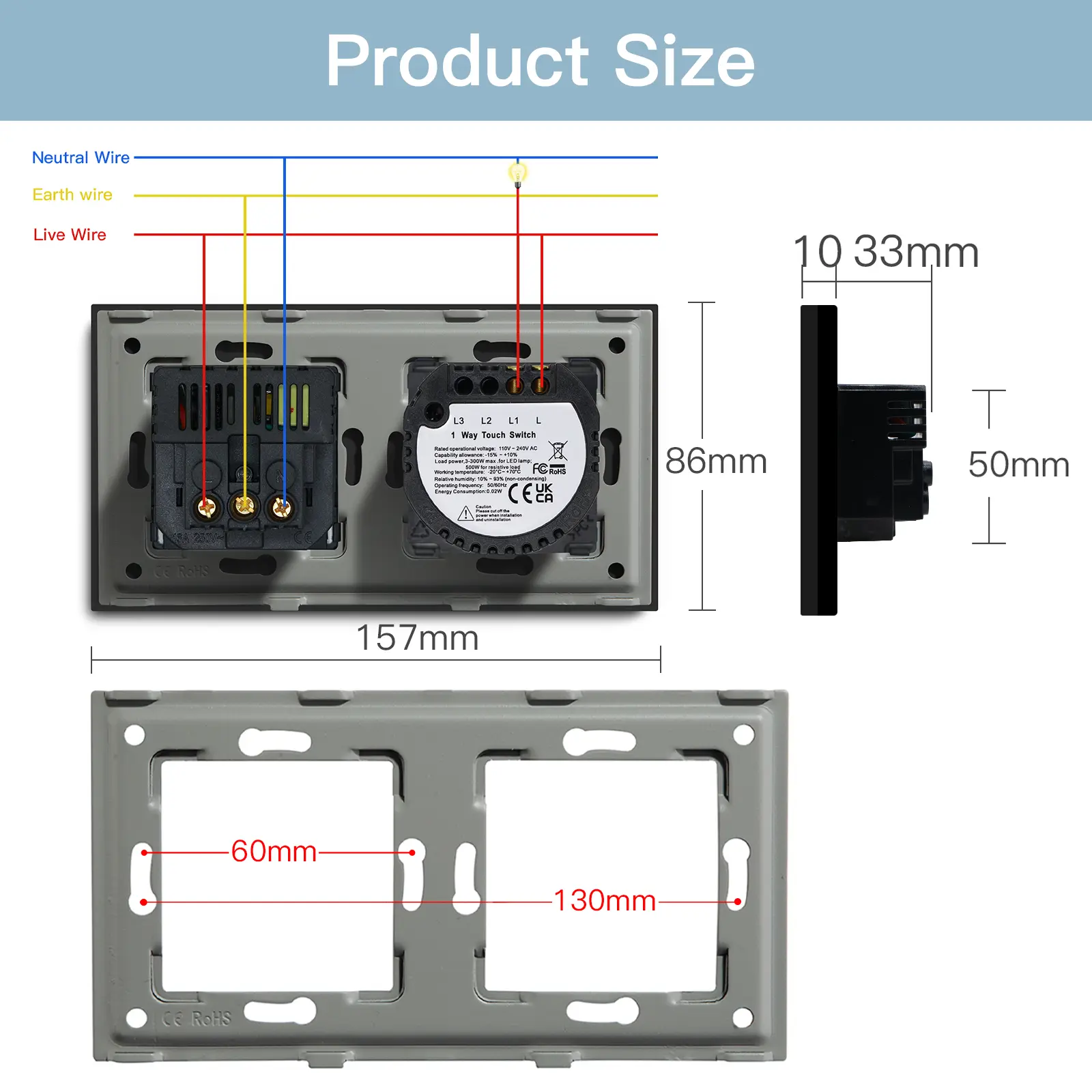 BSEED Touch Switch 1/2/3 Gang 1 Way EU Standard Wall Socket With USB Type-C Electric Plug Crystal Glass Panel 157mm 228mm