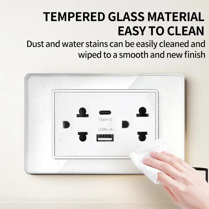 T&I 118*75mm Tempered Glass US Wall Socket Thai USB Socket Plug with Dual USB Type-C Ports,Light Switch 110V