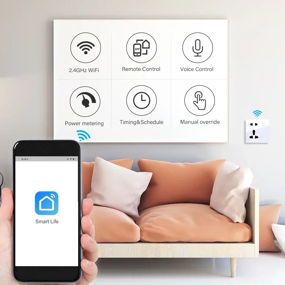 Customized Smart WiFi Wall Socket UK UN Tempered Glass Panel Home Power Outlet Touch Switch Wireless Remote Control Alexa Google