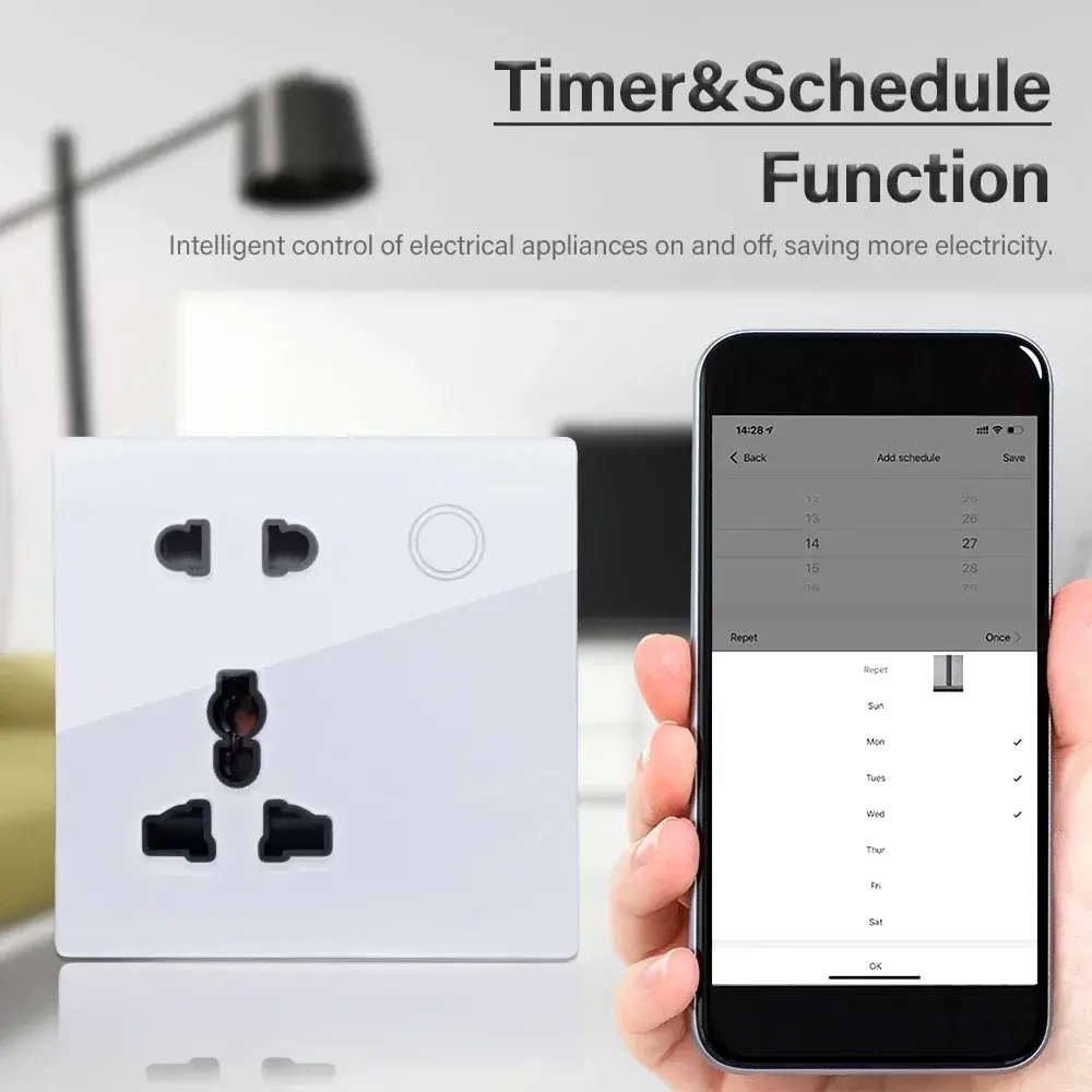 Customized Smart WiFi Wall Socket UK UN Tempered Glass Panel Home Power Outlet Touch Switch Wireless Remote Control Alexa Google