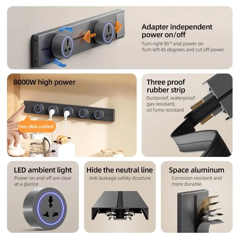 Multi Plug Track Socket Wall Power Rail Movable Sockets High End Home Appliance Power 8000W EU US UK Standard Universal With USB