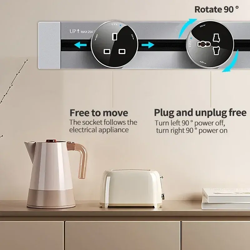 Embedded Movable Track Socket UK US AU EU UN Standard 110-220V Movable Module Wall Mounted Socket For Living Room/Kitchen/Office