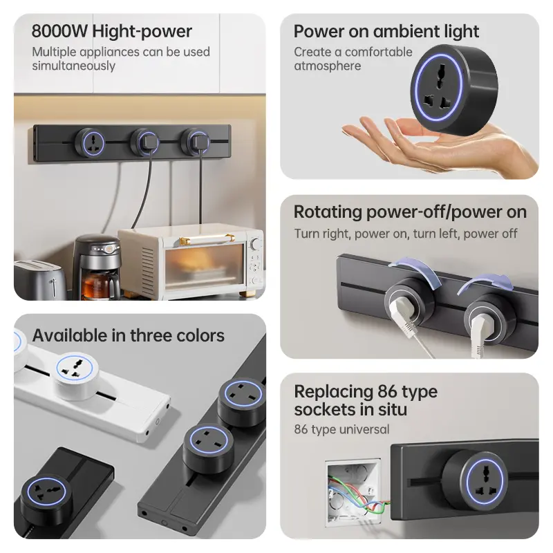 High End Wall Power Rail Sockets 40/50/60cm Home Kitchen Office 8000w Track Socket Universal Standard Movable Round Adapter Plug