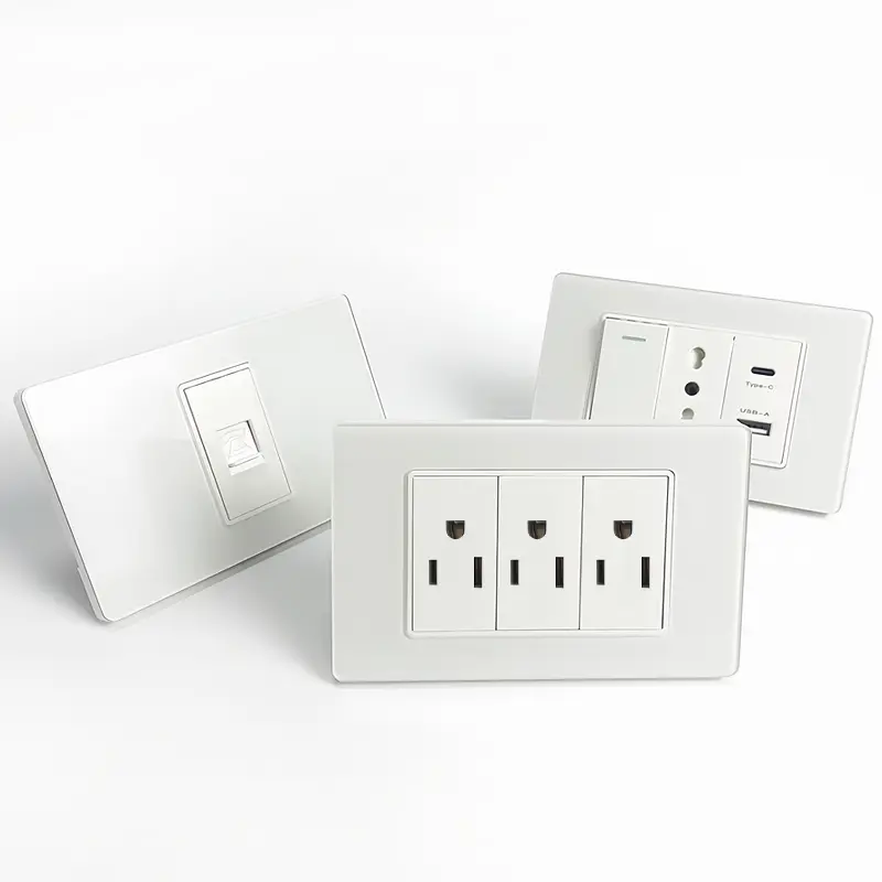 T&I 118*75mm Tempered Glass US Wall Socket Thai USB Socket Plug with Dual USB Type-C Ports,Light Switch 110V
