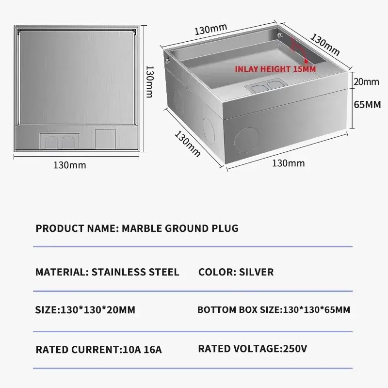 130mm x 130mm Recessed Power Socket Hidden Flat Floor Plug for Home Office Use EU/IT/Korea/BR/I/FR