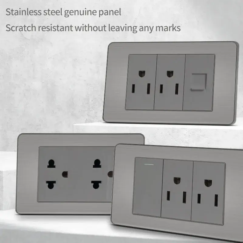 T&I 118 Premium Stainless Steel Brushed Wall Socket with USB Type - C, US Switch, Thai Plug for Home & Office Use
