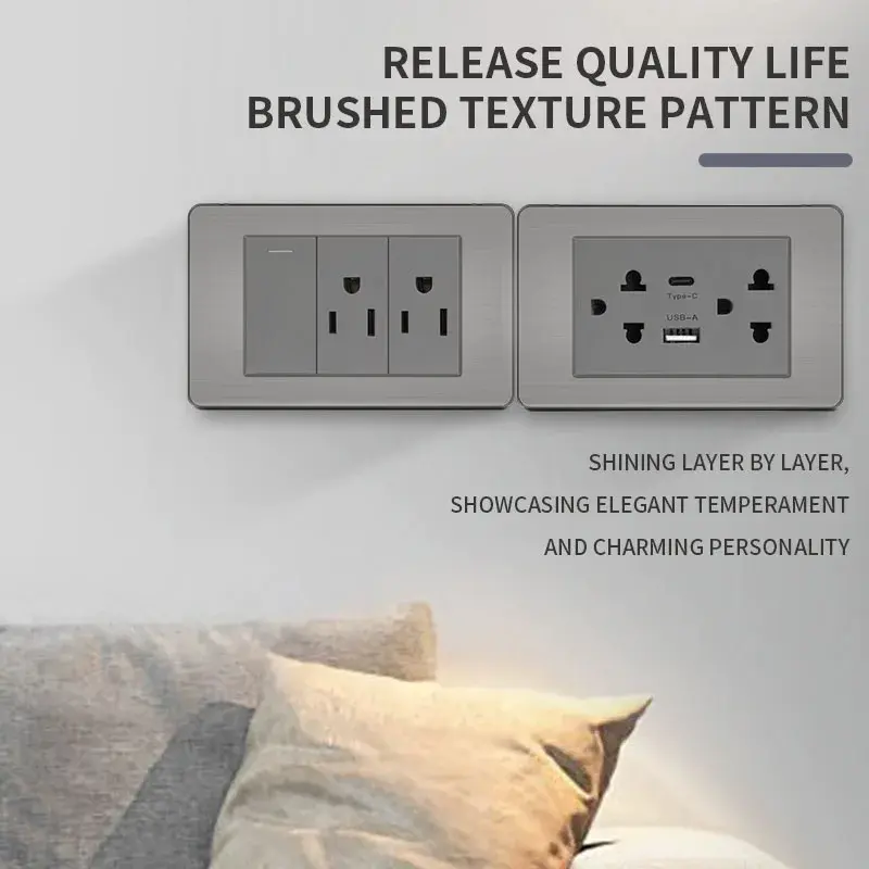 T&I 118 Premium Stainless Steel Brushed Wall Socket with USB Type - C, US Switch, Thai Plug for Home & Office Use