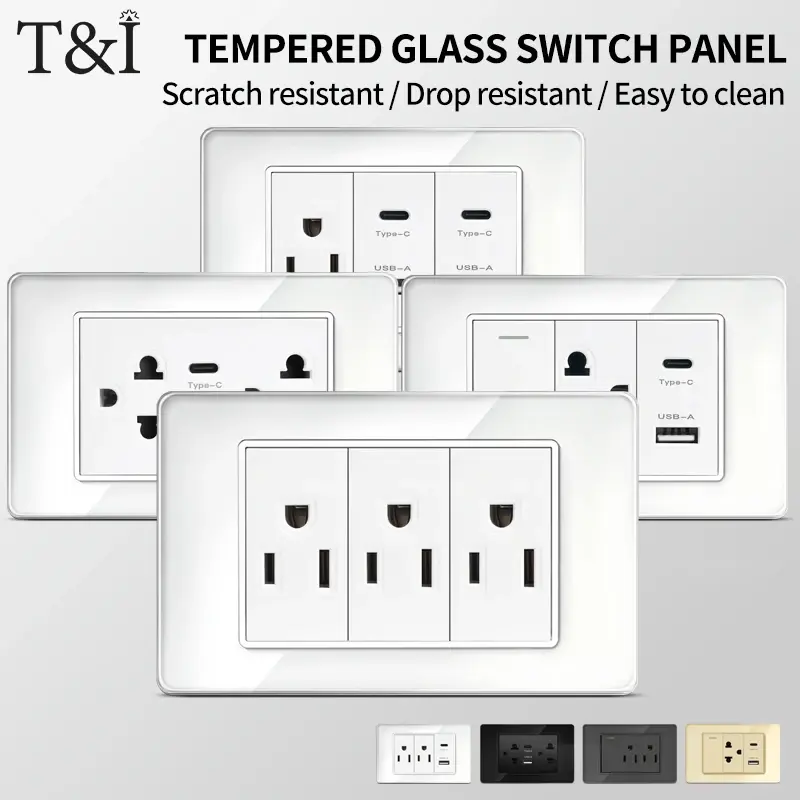 T&I 118*75mm Tempered Glass US Wall Socket Thai USB Socket Plug with Dual USB Type-C Ports,Light Switch 110V