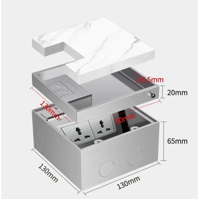 130mm x 130mm Embedded Hidden Floor Socket with Universal Standards EU/FR/BR/IL/IT/Korea for Kitchen Bathroom Tile Inlay