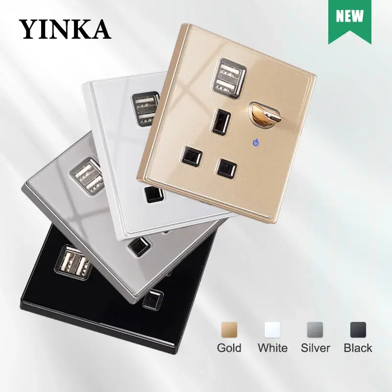 YINKA Type-c Plug USB Charger, UK Standard 13A Socket with Double USB Ports, 2.1A Wall Outlet Double Outlet with Galss Panel