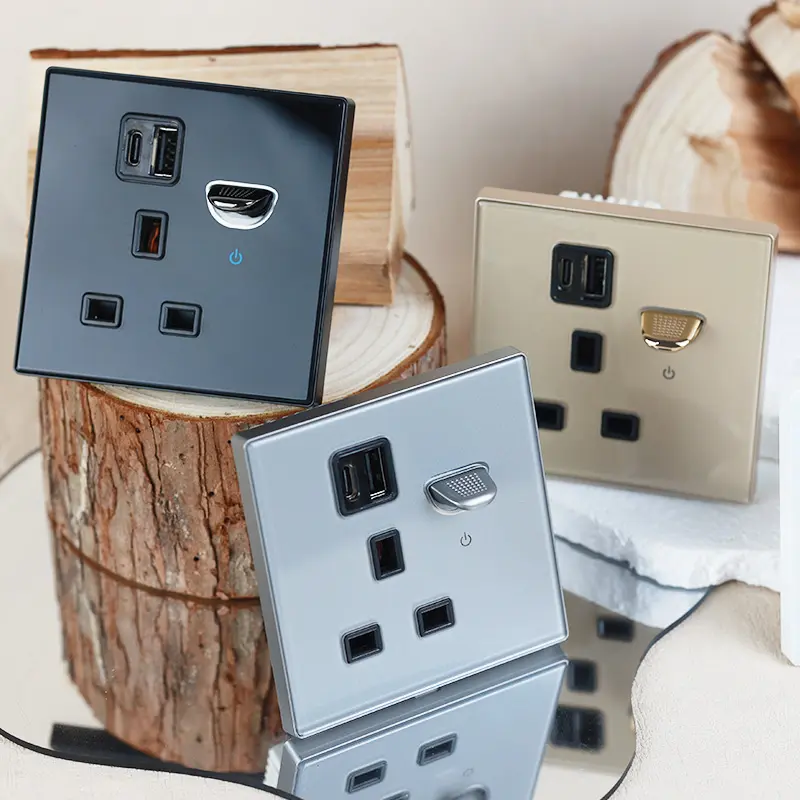 YINKA Type-c Plug USB Charger, UK Standard 13A Socket with Double USB Ports, 2.1A Wall Outlet Double Outlet with Galss Panel