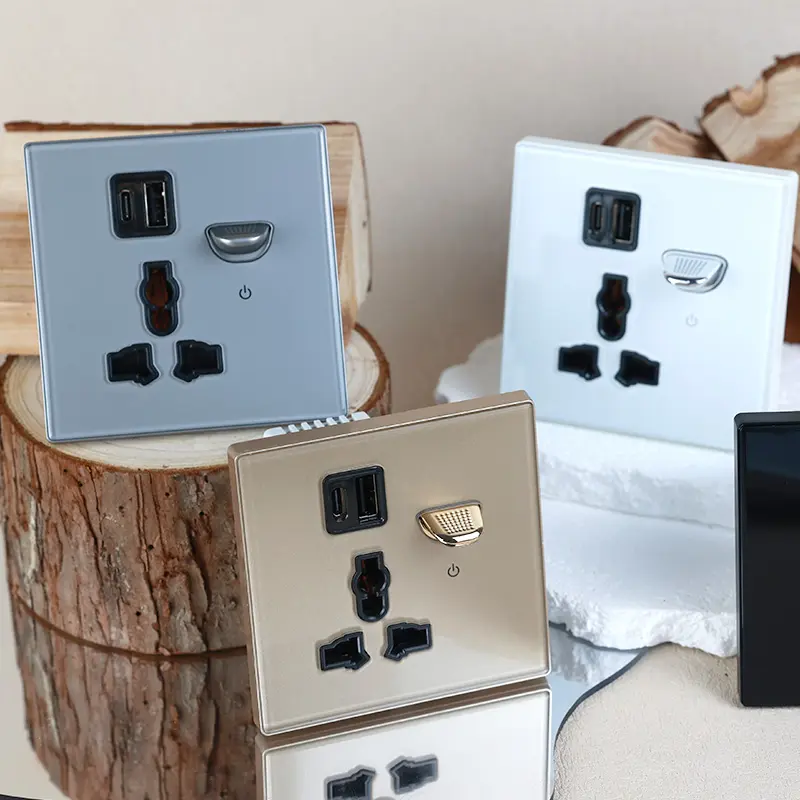 YINKA Type-c Plug USB Charger, UK Standard 13A Socket with Double USB Ports, 2.1A Wall Outlet Double Outlet with Galss Panel